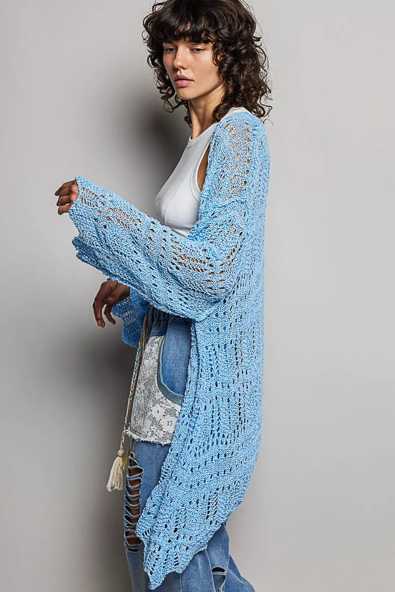 Sky Blue Pol Openwork Lightweight Open Front Cardigan With Scalloped Edge