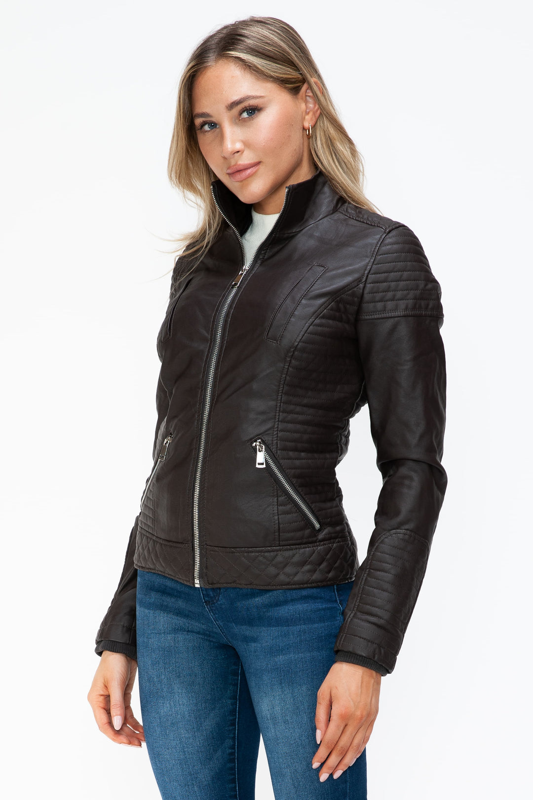 Ymi Faux Layered Double Zipper Jacket With Fuzzy Hood