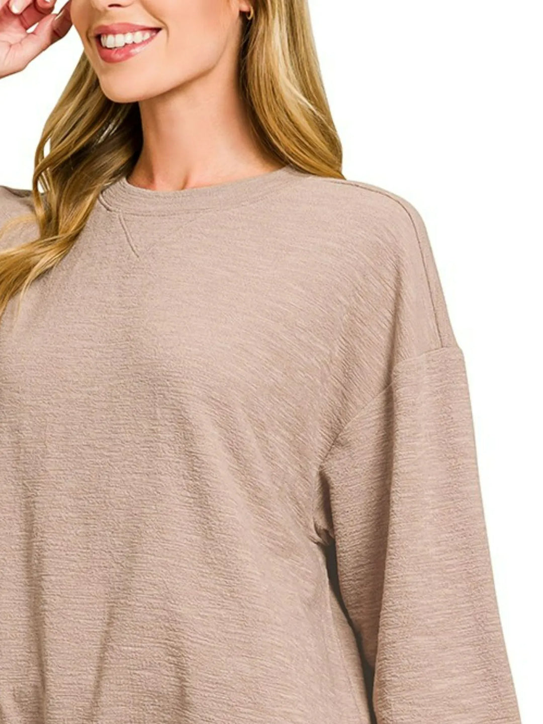 Ash Mocha Zenana Slub Long Sleeve Top And Shorts Set 2