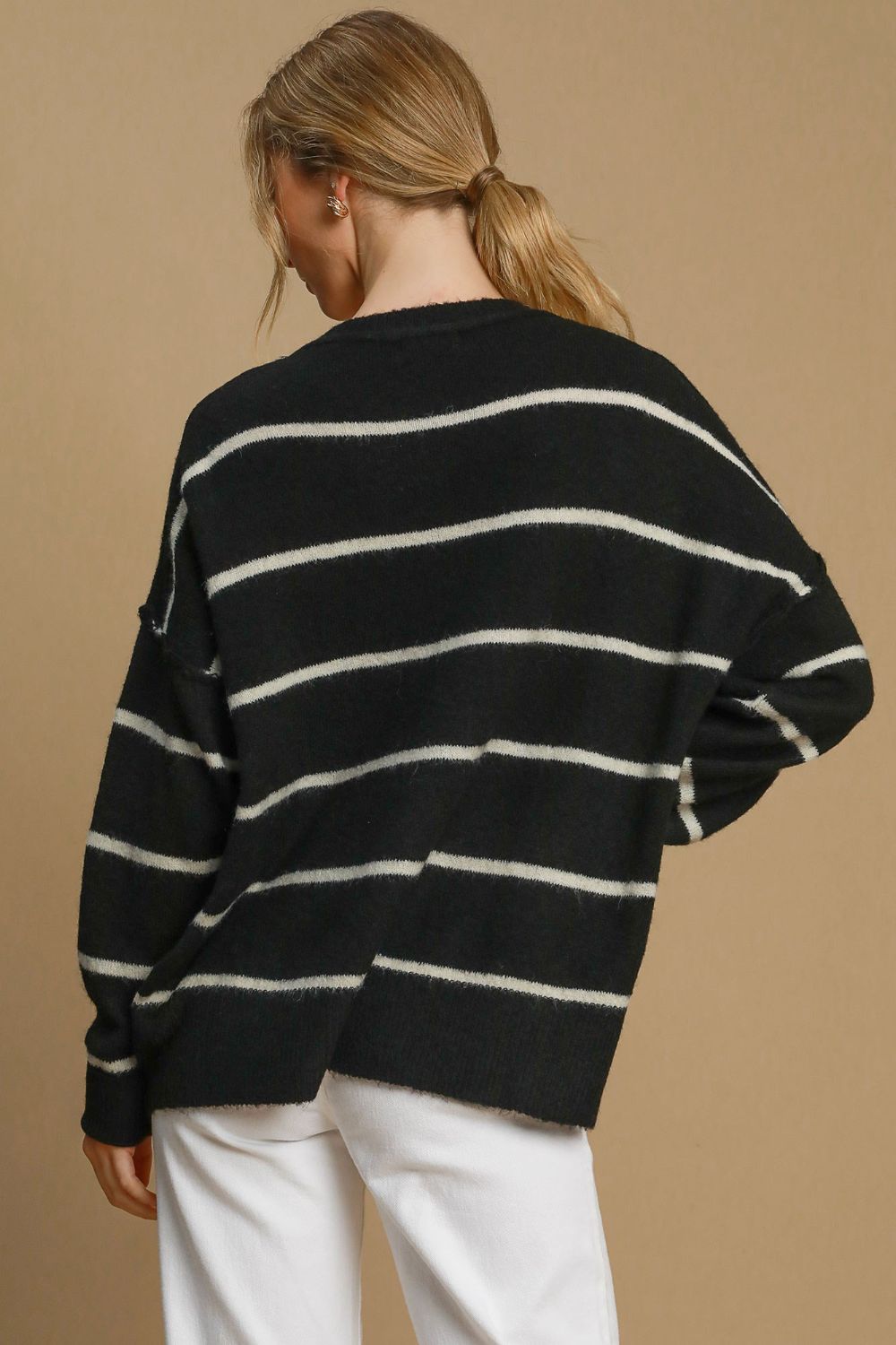Black Umgee Wool Blend Striped Round Neck Sweater