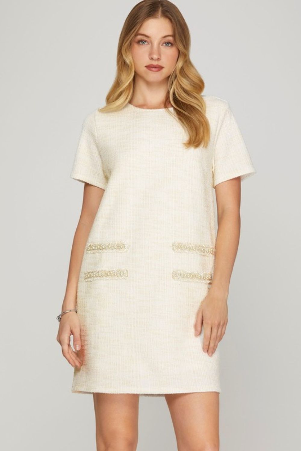 Ivory She Sky Full Size Short Sleeve Pearl Studded Trim Knit Tweed Dress Plus Size