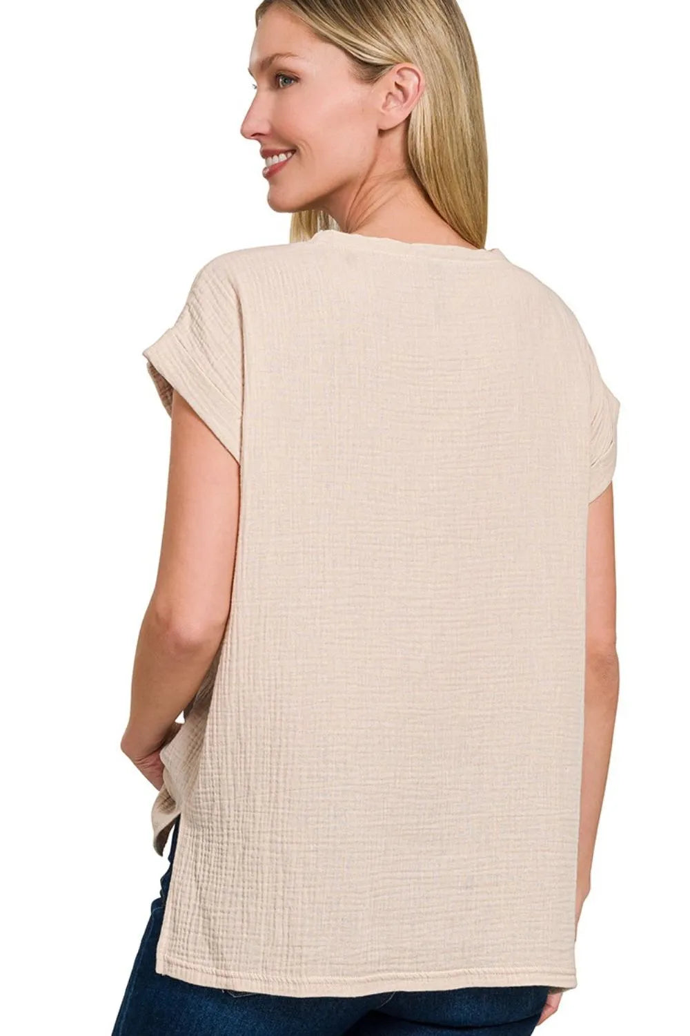 Sand Beige Zenana Double Gauze Round Neck Folded Short Sleeve Top