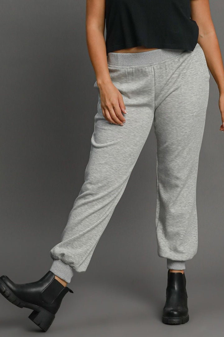 Light Gray Umgee Full Size High Rise Elastic Waist Knit Joggers With Pockets Plus Size 1