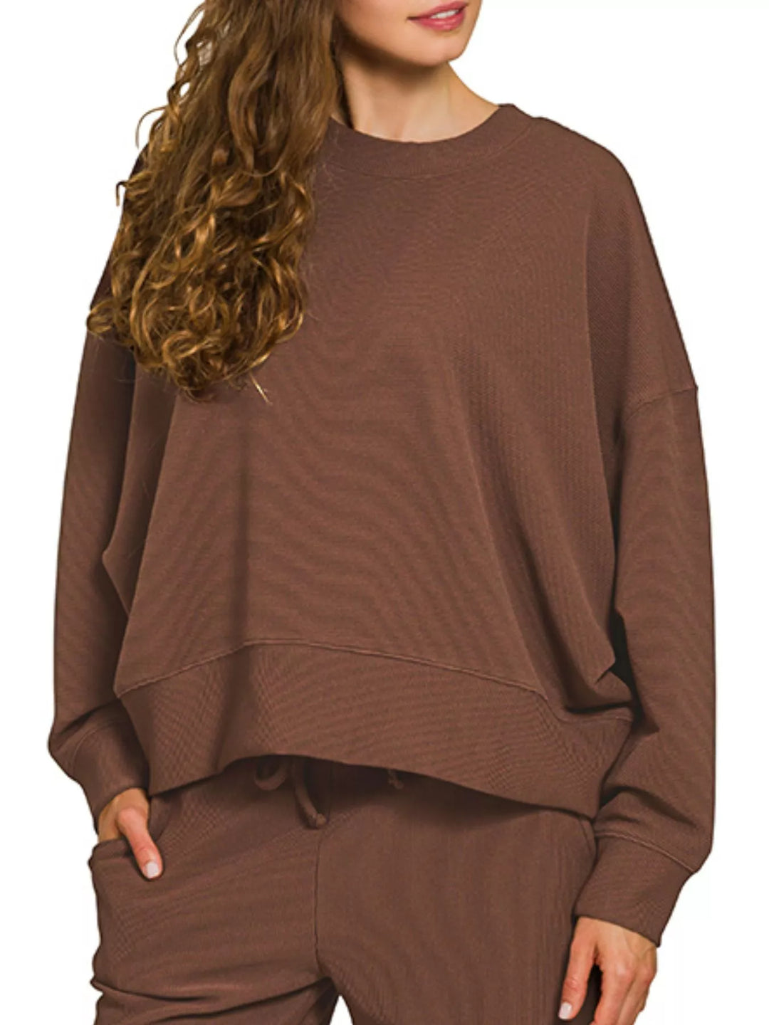 Brown Zenana Ribbed Round Neck Pullover And Drawstring Pants Set 1