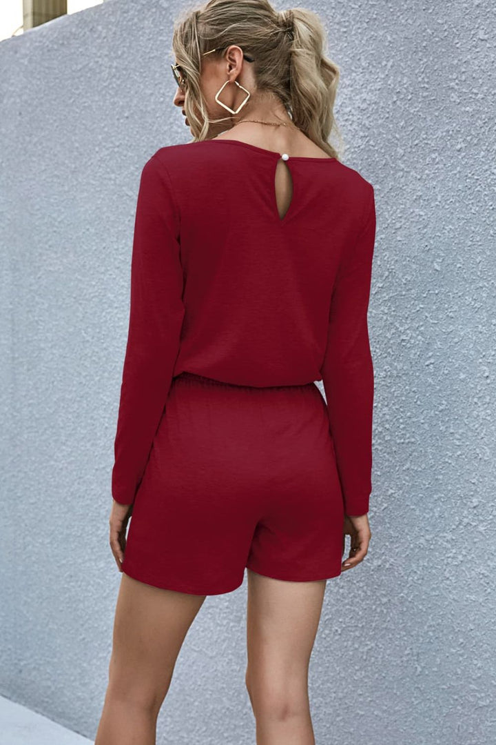 Wine Drawstring Waist Long Sleeve Romper