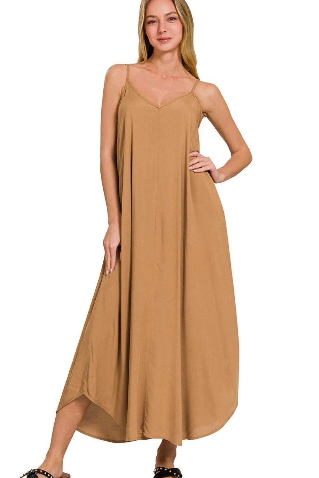 Deep Camel Zenana Woven Arc Hem Cami Dress With Flowy Pockets 2