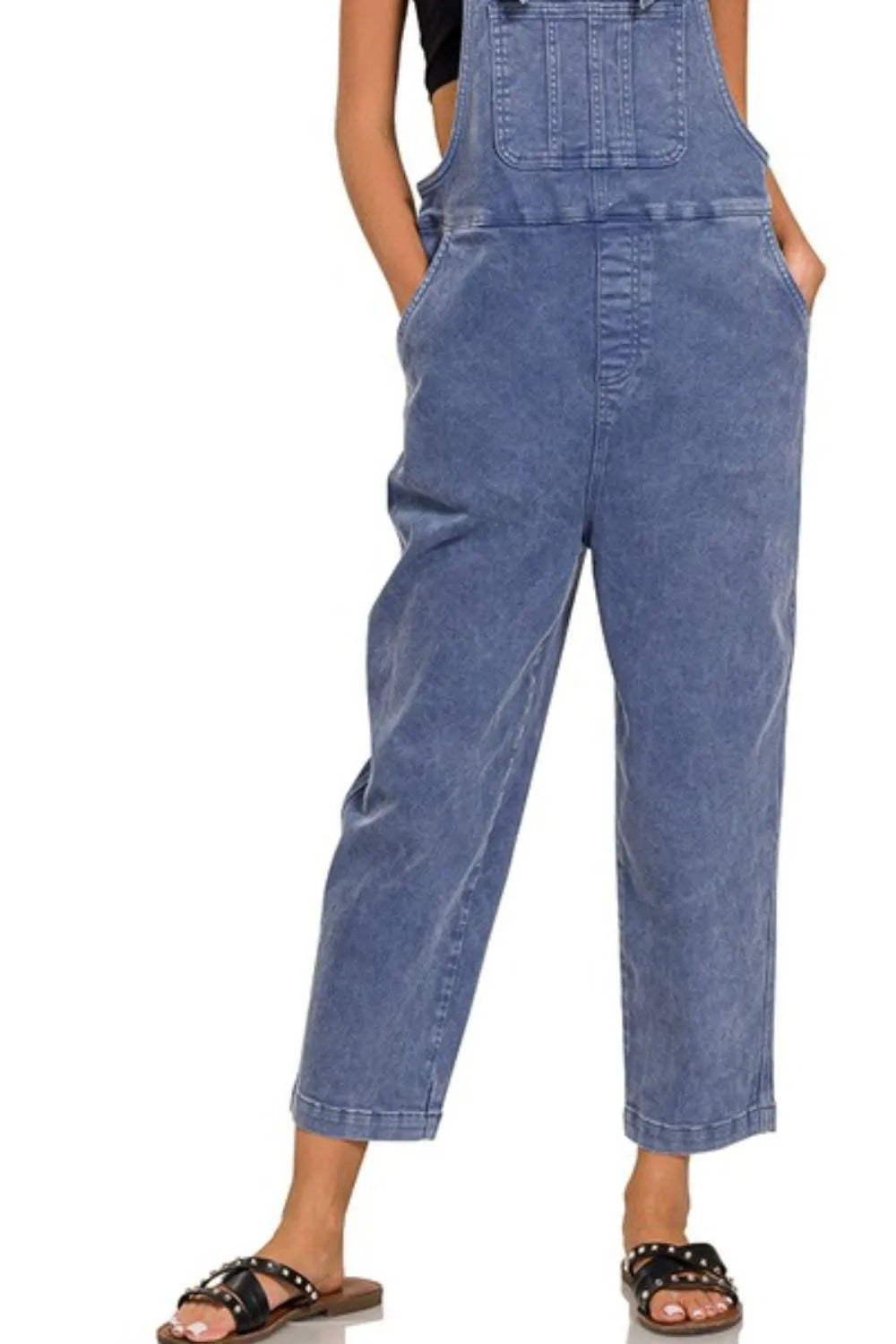 Blackberry Zenana Washed Knot Strap Relaxed Fit Overalls