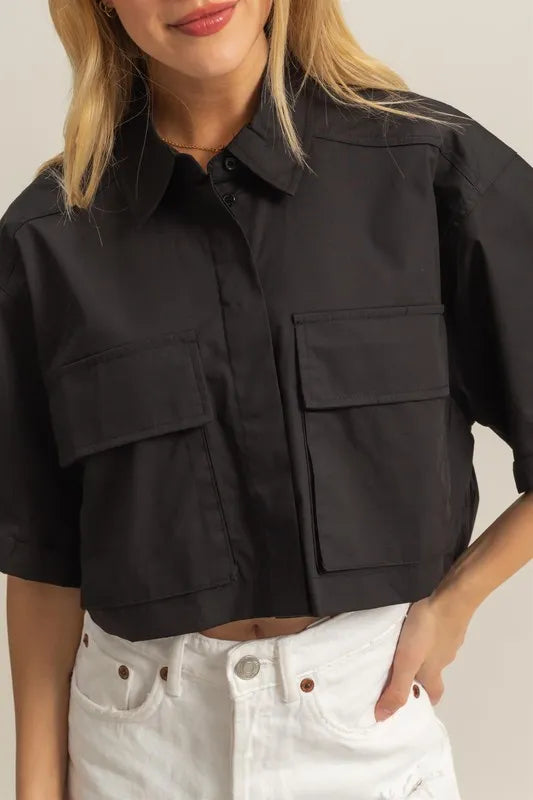 Hyfve Front Pockets Poplin Collared Neck Crop Shirt
