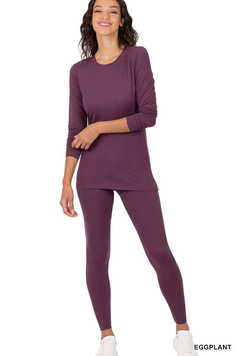 Eggplant Zenana Microfiber Round Neck Top And Leggings Set