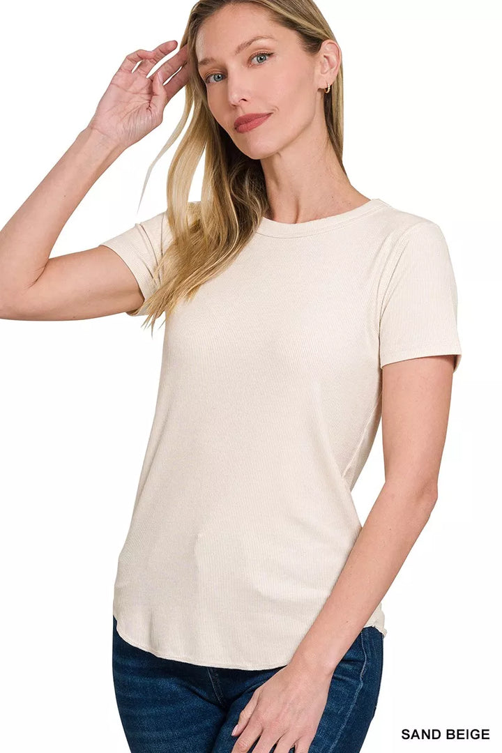 Sand Beige Zenana Ribbed Curved Hem Round Neck Tee 1
