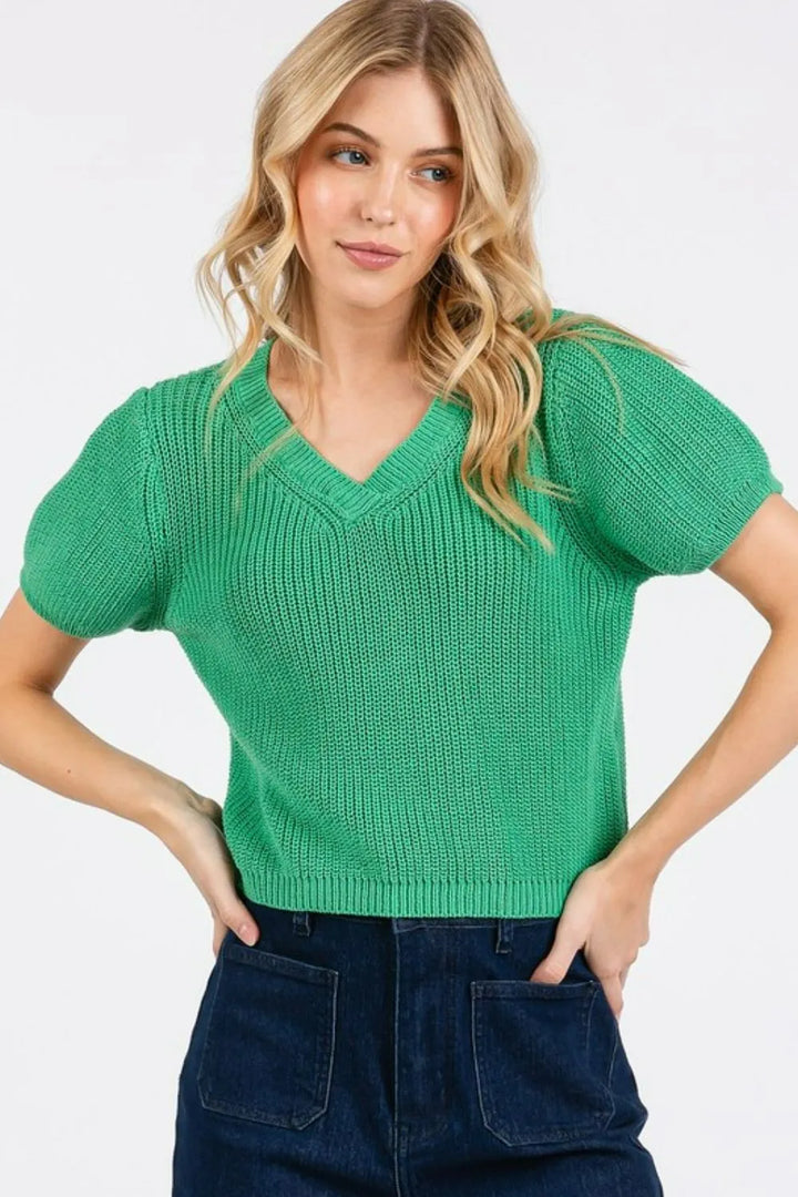 Jade Green Mittoshop V Neck Short Sleeve Crop Sweater