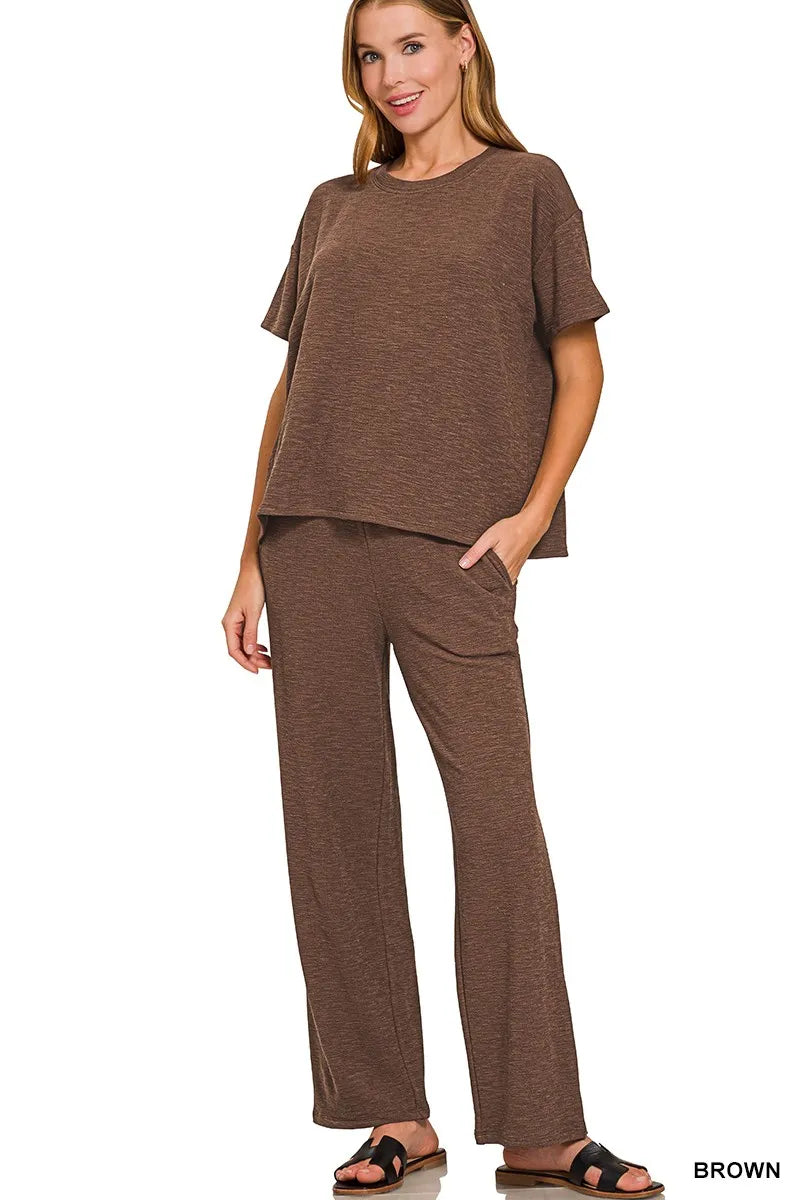 Brown Zenana Slub Short Sleeve T Shirt And Pants Set