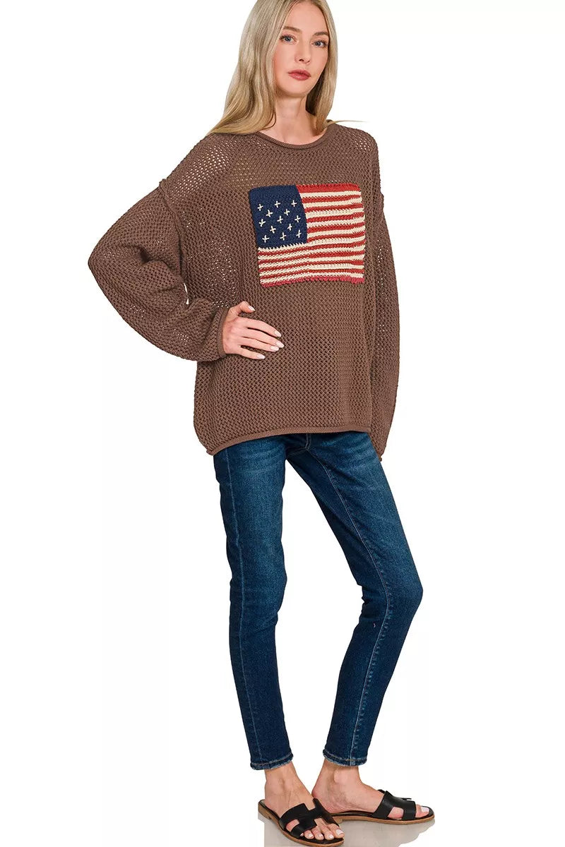 Brown Zenana American Flag Crew Neck Sweater 2