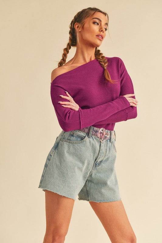 Deep Purple Aemi Co One Shoulder Long Sleeve Knit Top 1