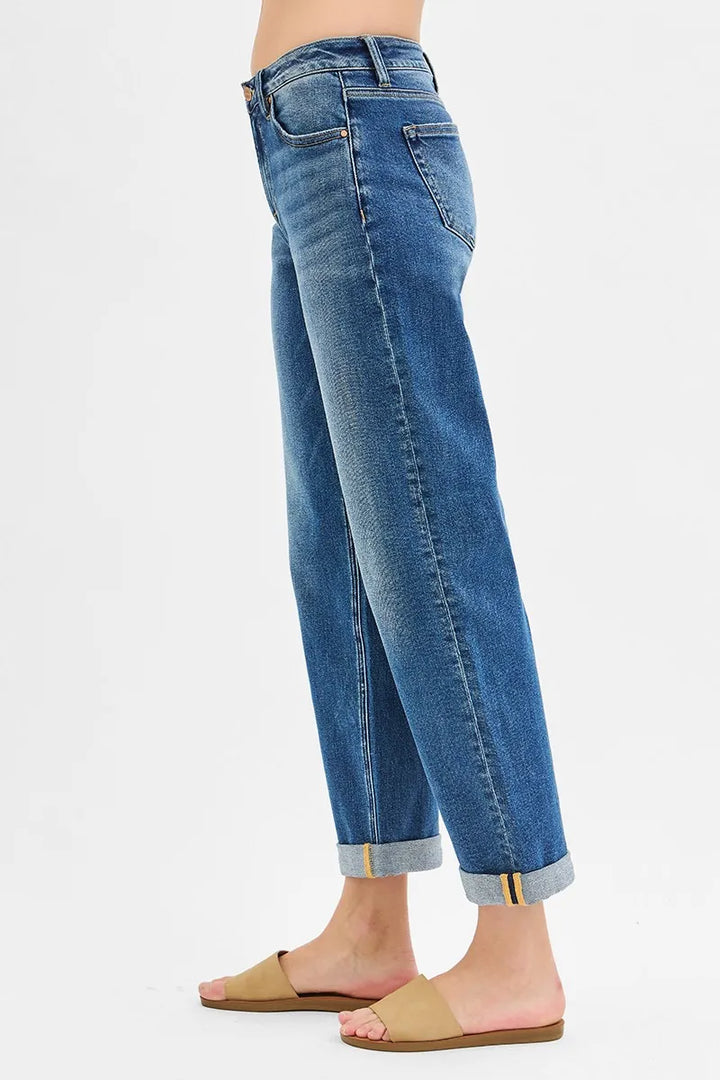 Dark Risen Full Size Mid Rise Boyfriend Roll Up Jeans Plus Size