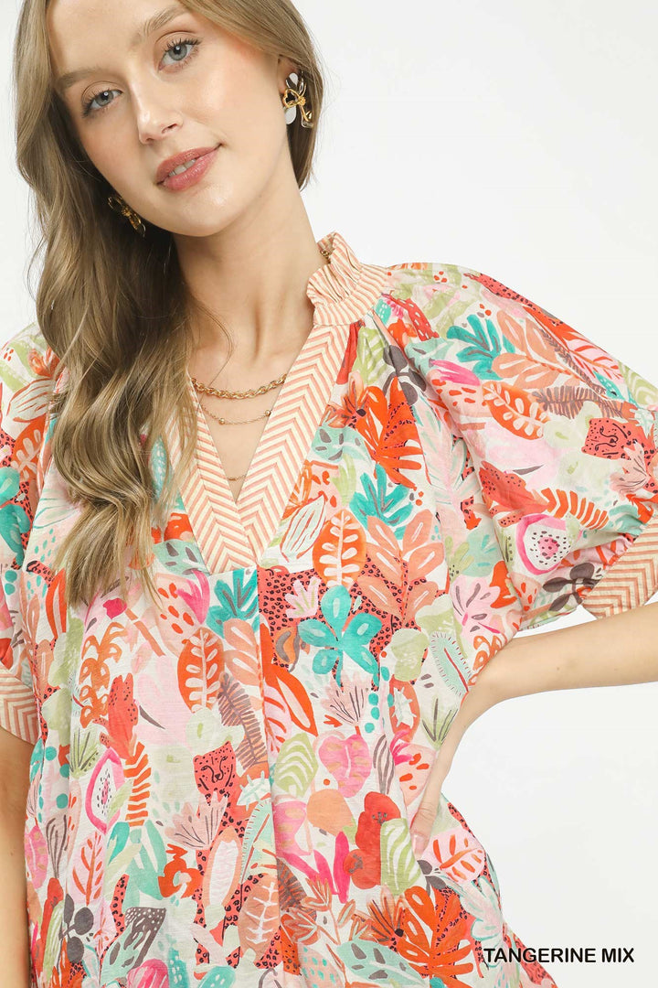 Umgee Mix Boho Printed V Neck Top