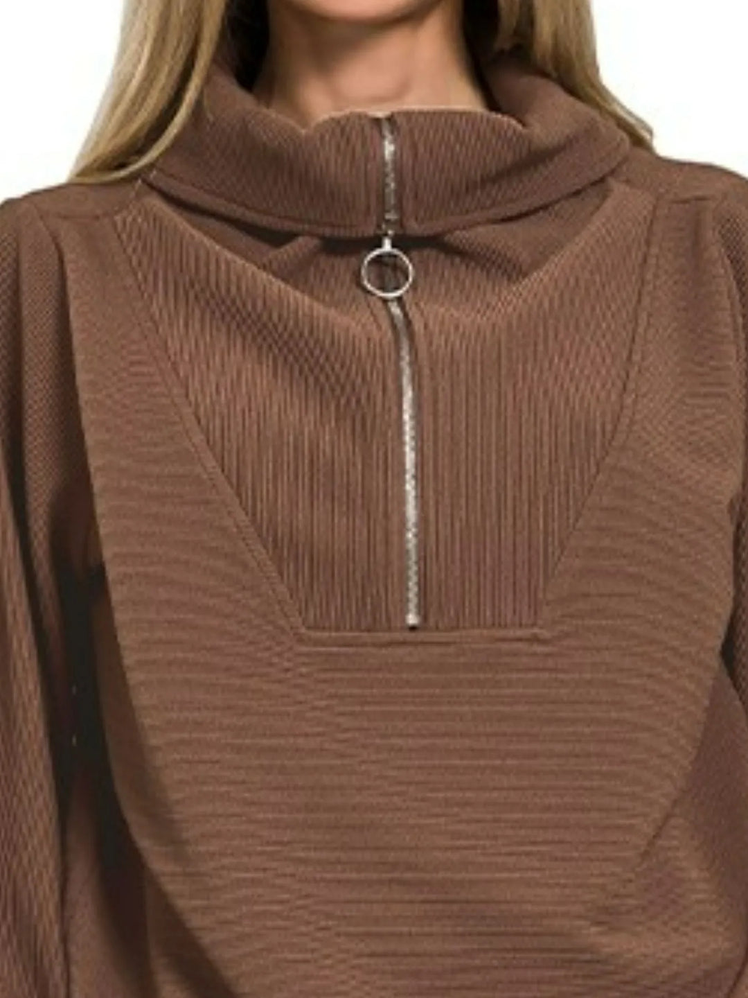 Brown Zenana Ribbed High Neck Half Zip Pullover Pants Set 2