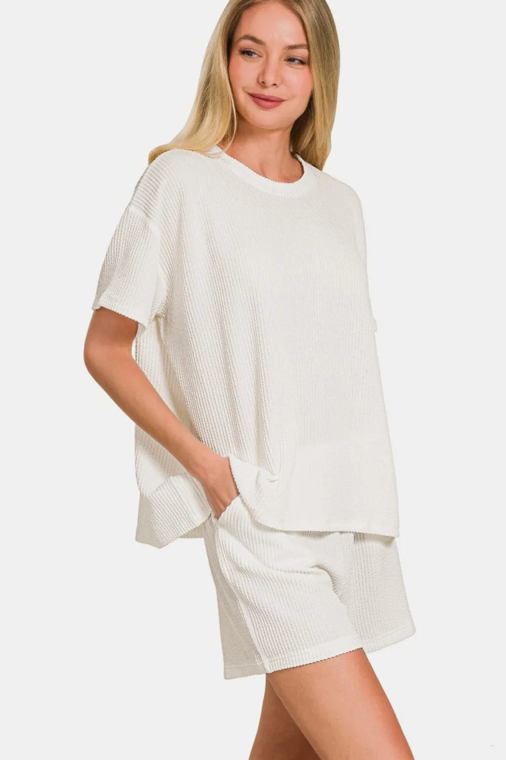 Off White Zenana Rib Short Sleeve T Shirt And Shorts Set