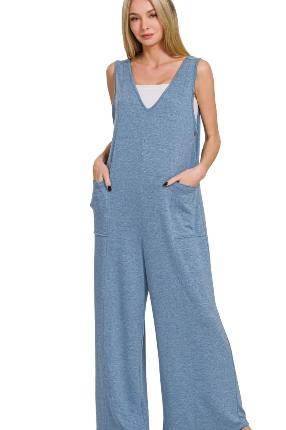 Dusty Blue Zenana French Terry Deep V Neck Jumpsuits 1