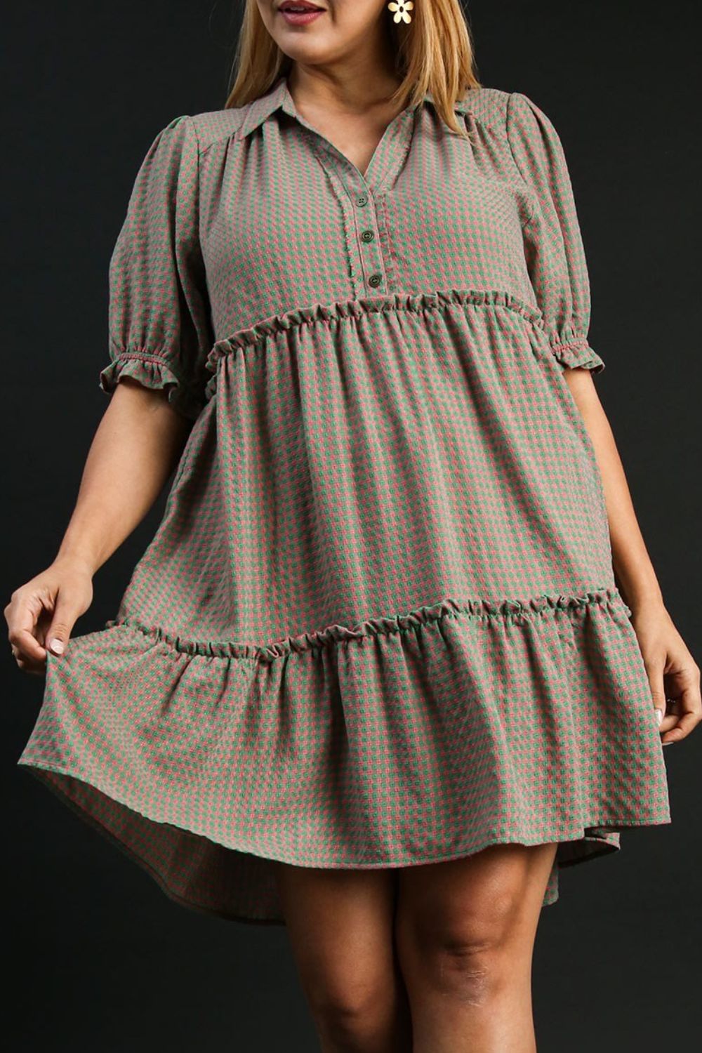 GREEN/PINK Umgee Full Size Plaid Frill Button Detail Ruffled Short Sleeve Dress Plus Size