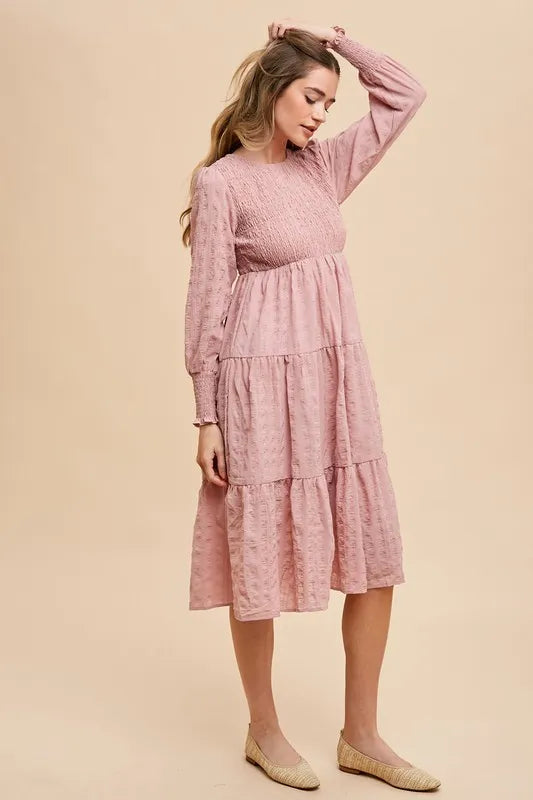 Mauve Annie Wear Textured Smocking Bodice Tiered Midi Dress 1