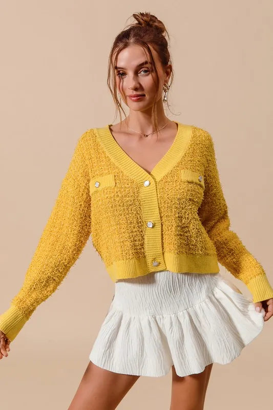 Mustard So Me Frayed Tweed Knit Buttoned Front Cardigan