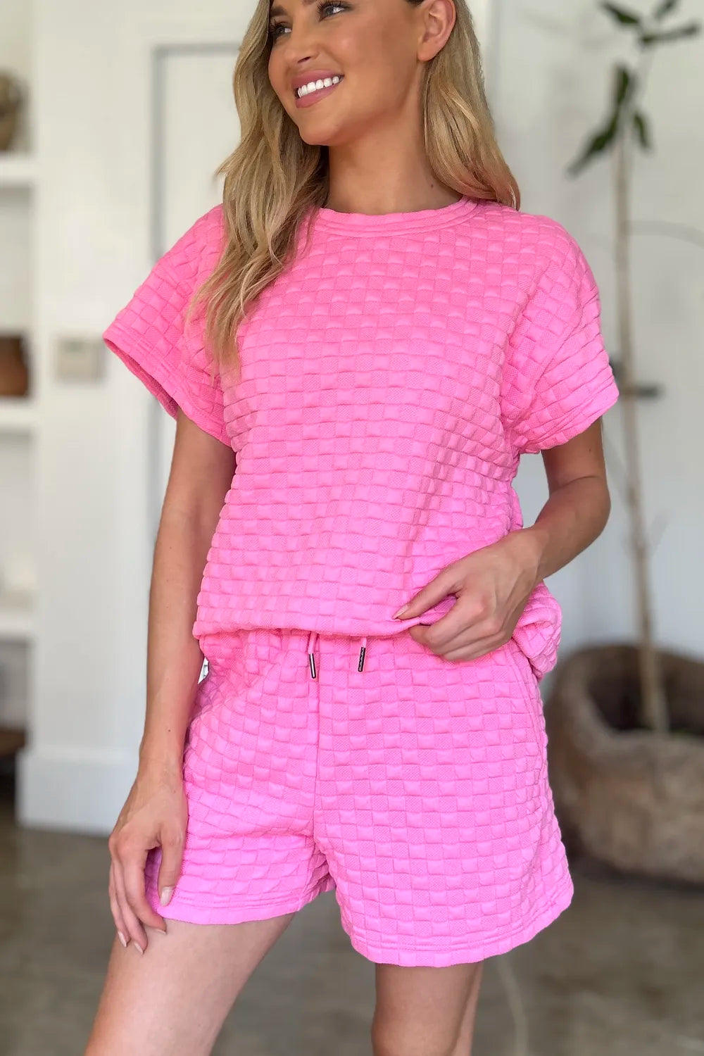 Pink Double Take Full Size Texture T Shirt And Shorts Set