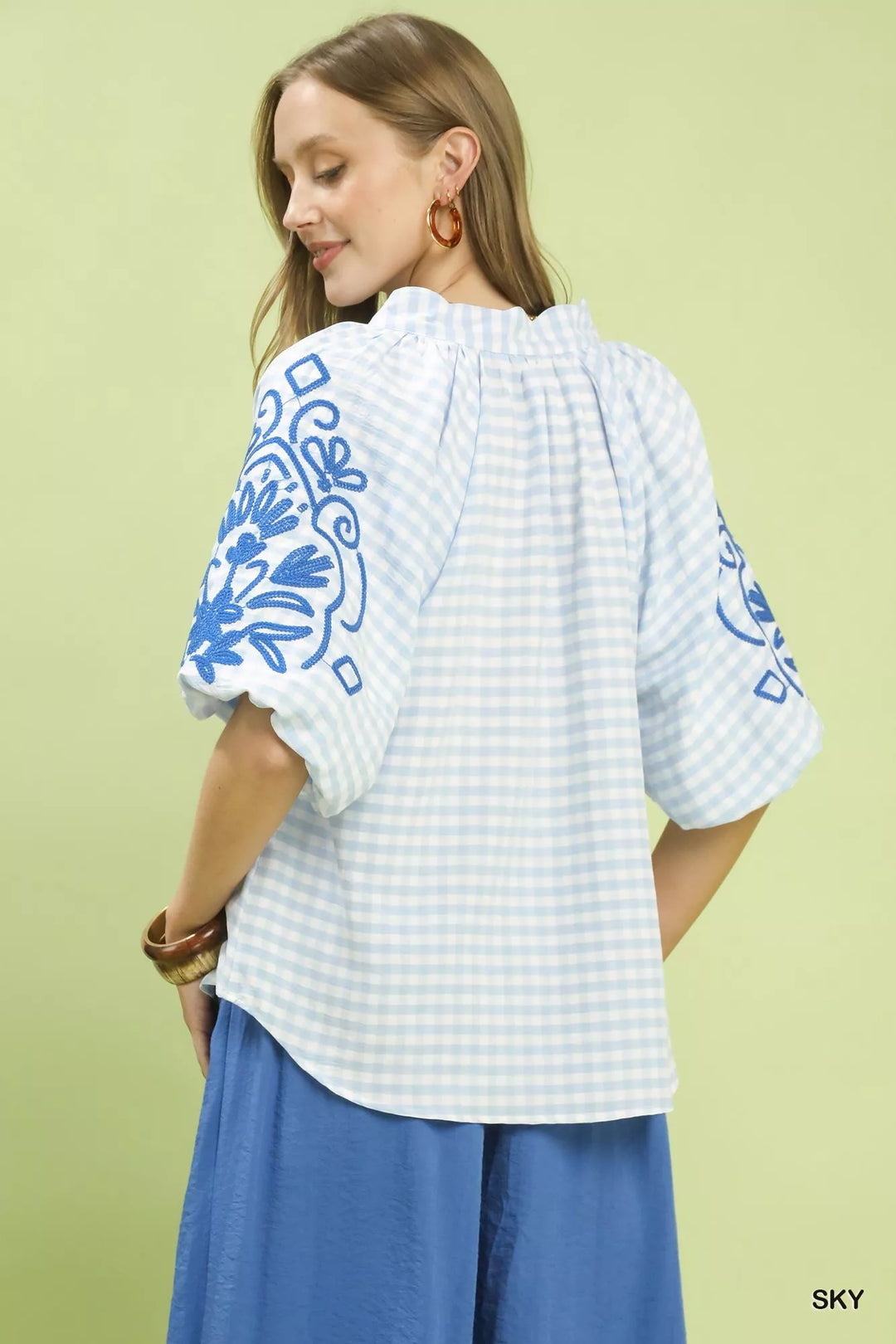 Sky Umgee Gingham Embroidered Balloon Sleeve Top