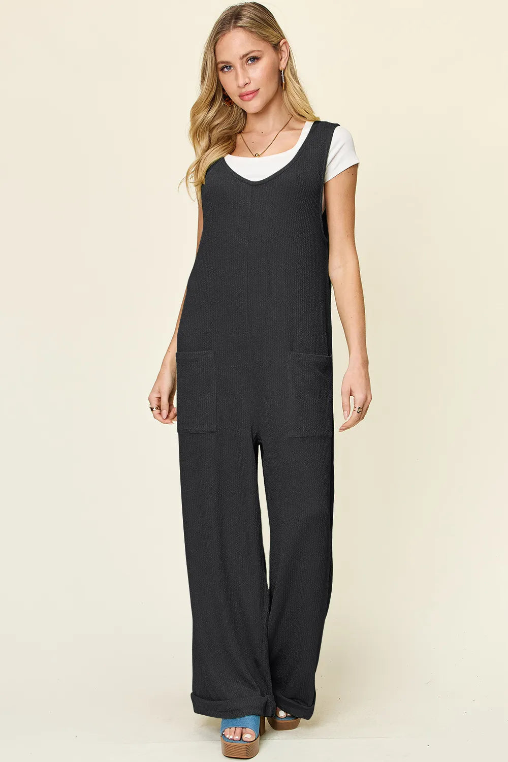 Black Double Take Full Size Texture Sleeveless Wide Leg Jumpsuit
