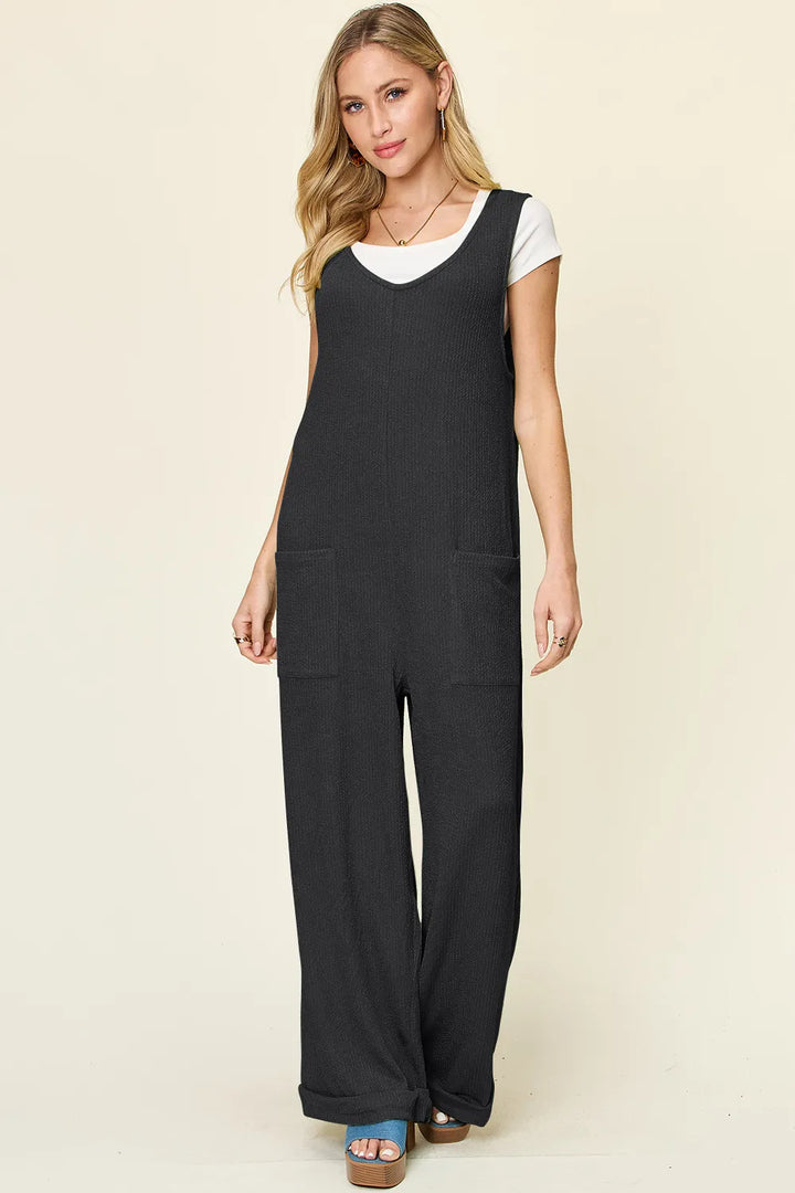 Black Double Take Full Size Texture Sleeveless Wide Leg Jumpsuit