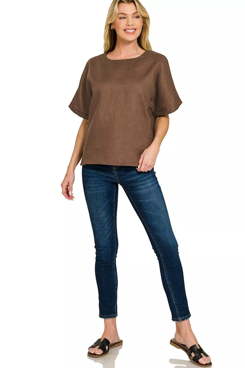 Brown Zenana Linen Round Neck Cuffed Sleeve Top 1