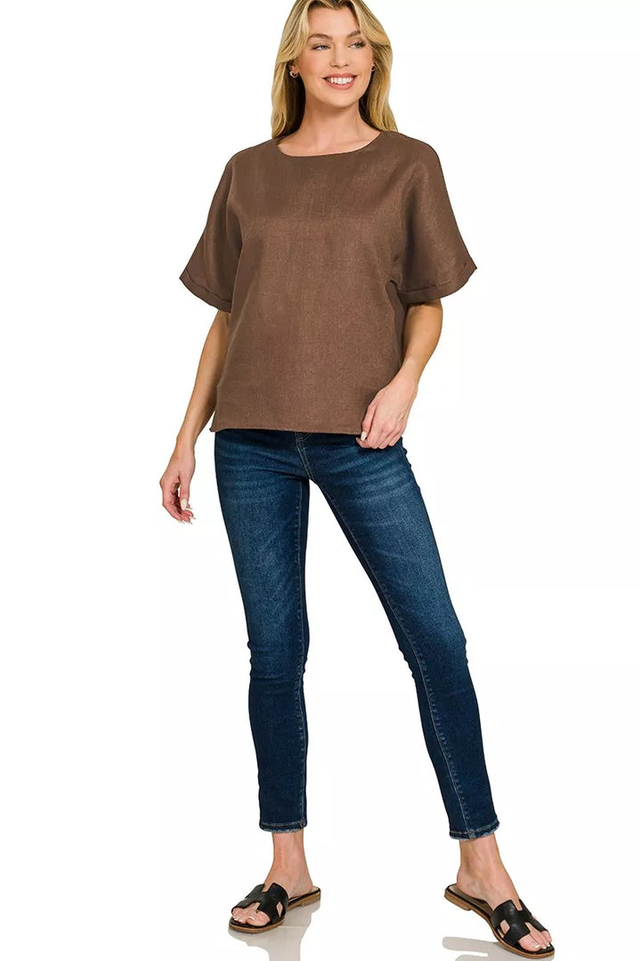 Brown Zenana Linen Round Neck Cuffed Sleeve Top 1