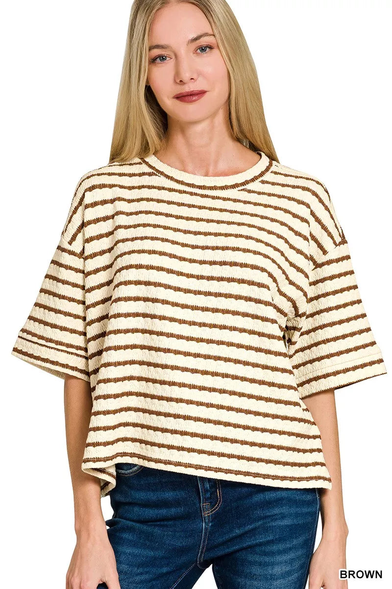 Brown Zenana Striped Short Sleeve Tee Shorts Set