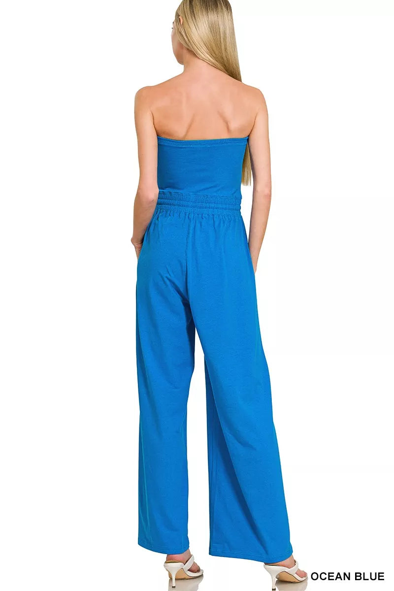 Ocean Blue Zenana Tube Top Jumpsuit With Drawstring Waist 5