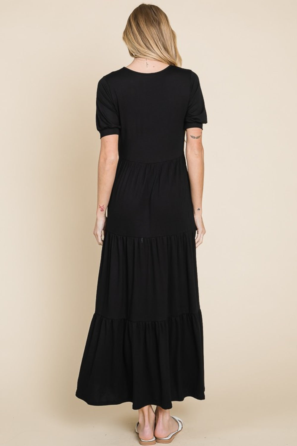 Black Bombom Short Sleeve Tiered Maxi Dress