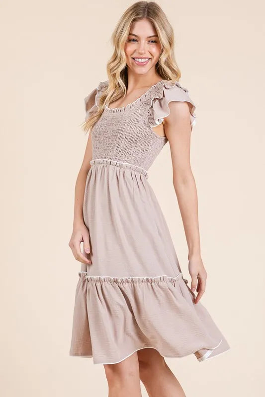 Taupe Lime N Chili Ruffle Trim Smocked Dress With Contrast