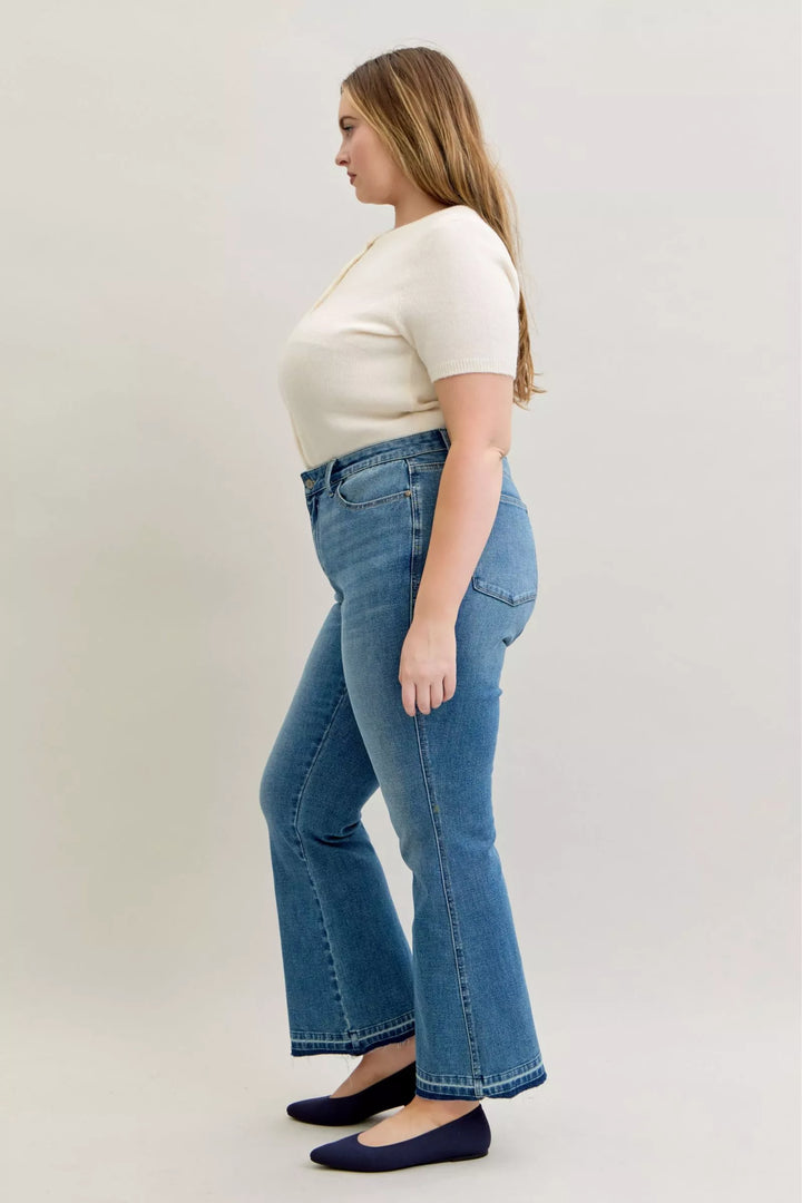 Md Judy Blue Full Size Mid Rise Slim Bootcut Tummy Control Release Hem Jeans Plus Size