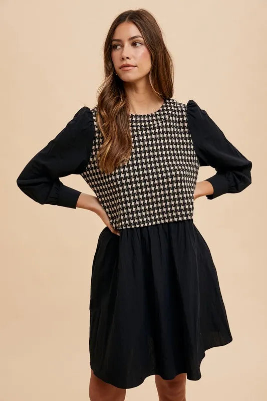 Black Annie Wear Tie Back Plaid Round Neck Mini Dress