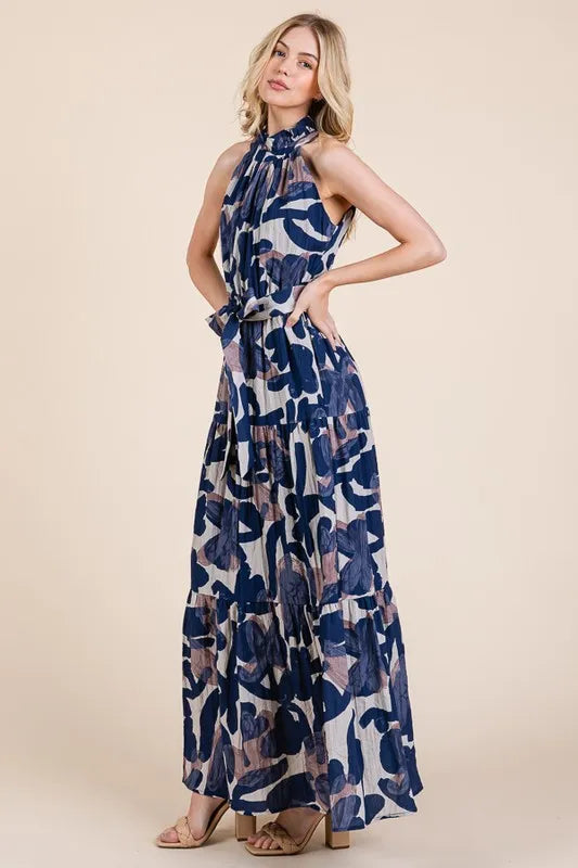 Lime N Chili Abstract Halter Neck Tie Waist Tiered Maxi Dress