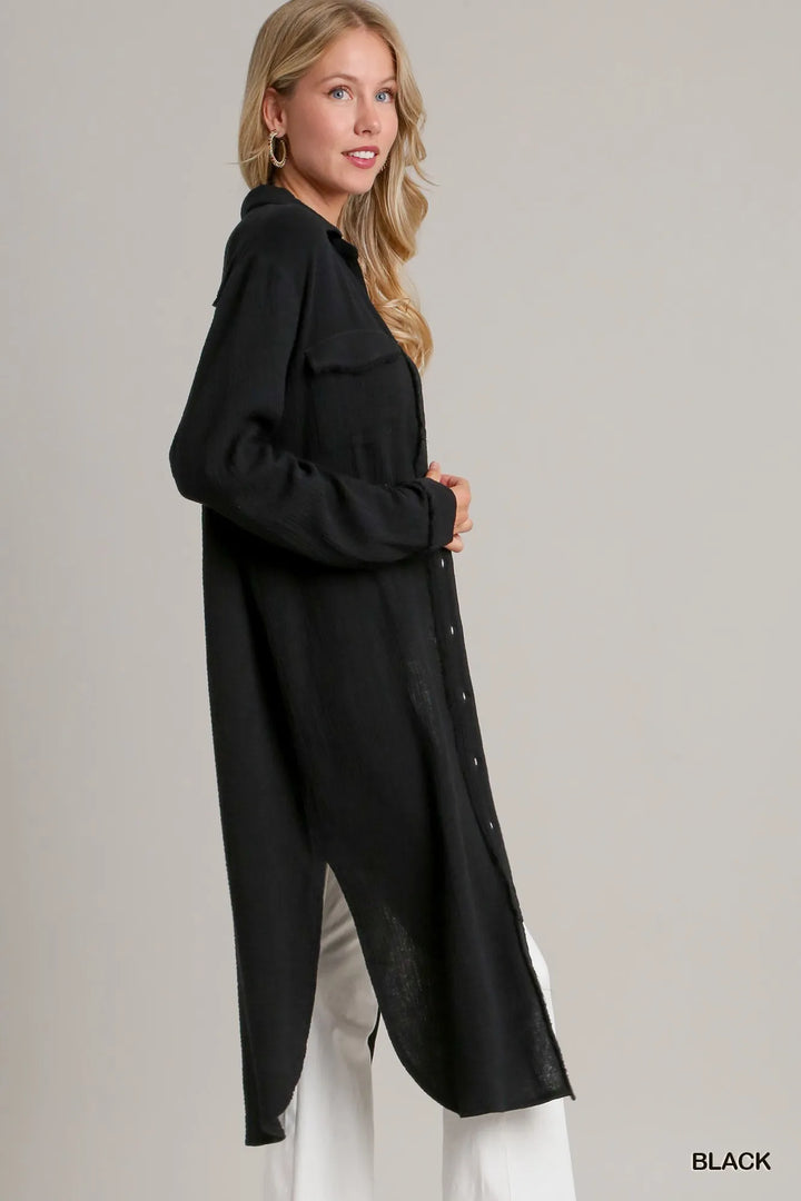 Black Umgee Cotton Gauze Button Down Shirt Dress 1