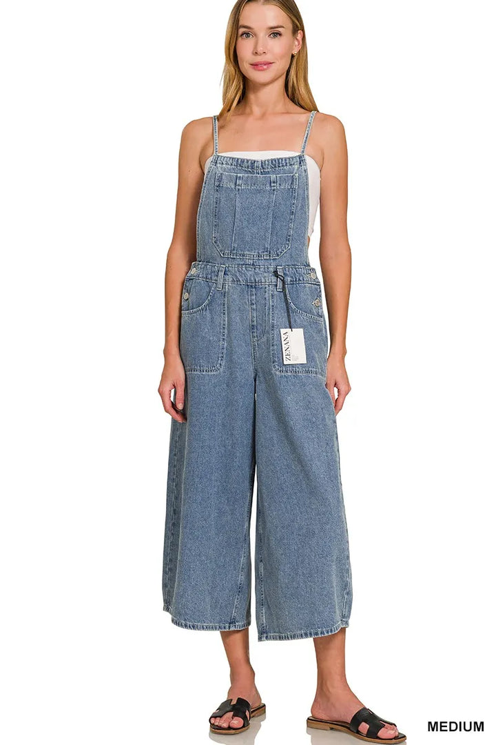 Zenana Denim Medium Washed Wide Leg Overalls
