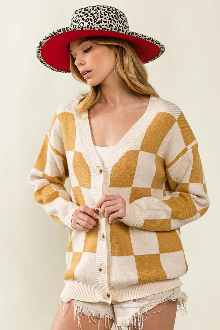 Bibi Checked V Neck Cardigan