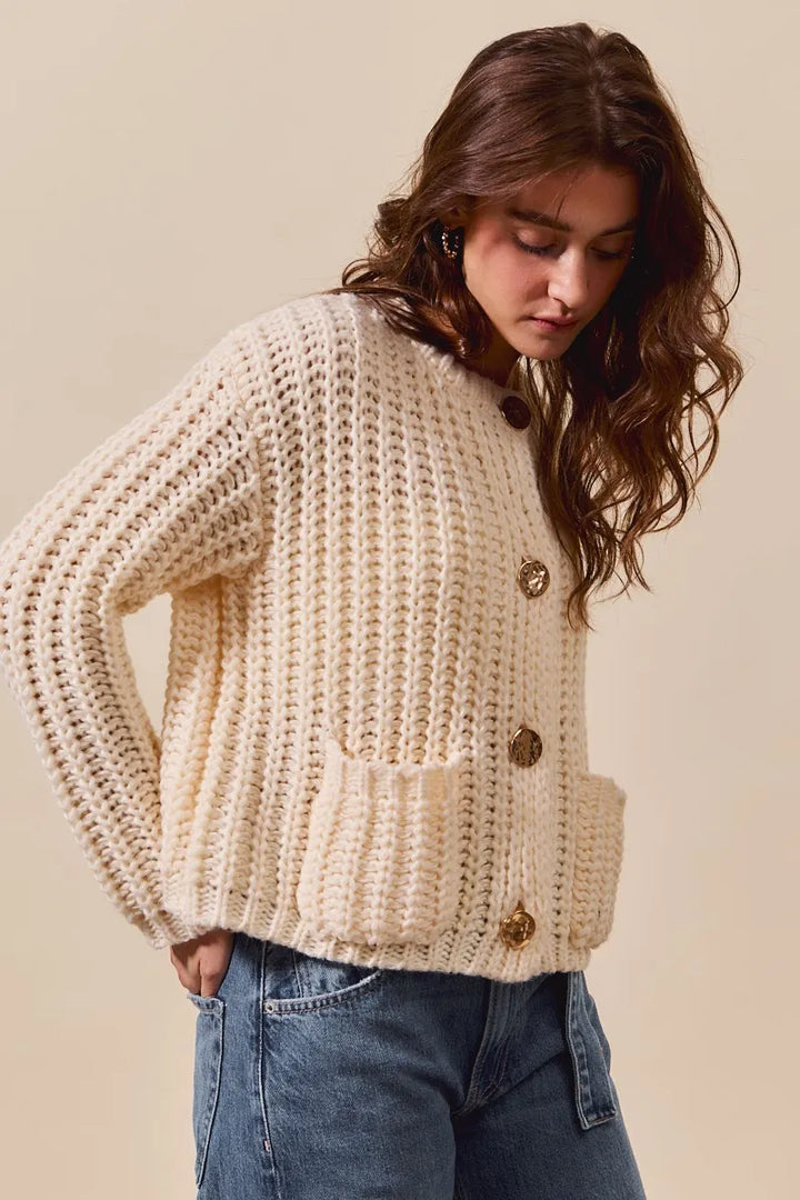 So Me Metal Button Long Sleeve Chunky Sweater Cardigan