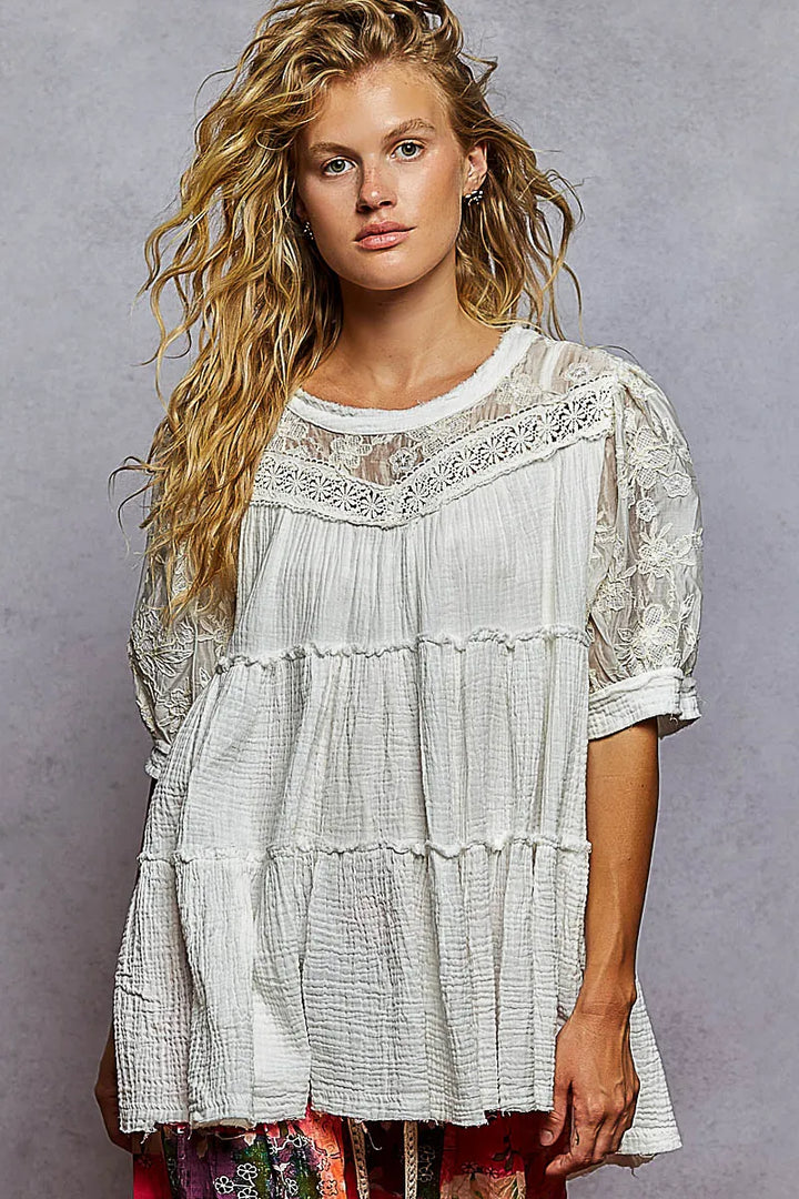 Pol Lace Detail Tiered Round Neck Half Sleeve Blouse
