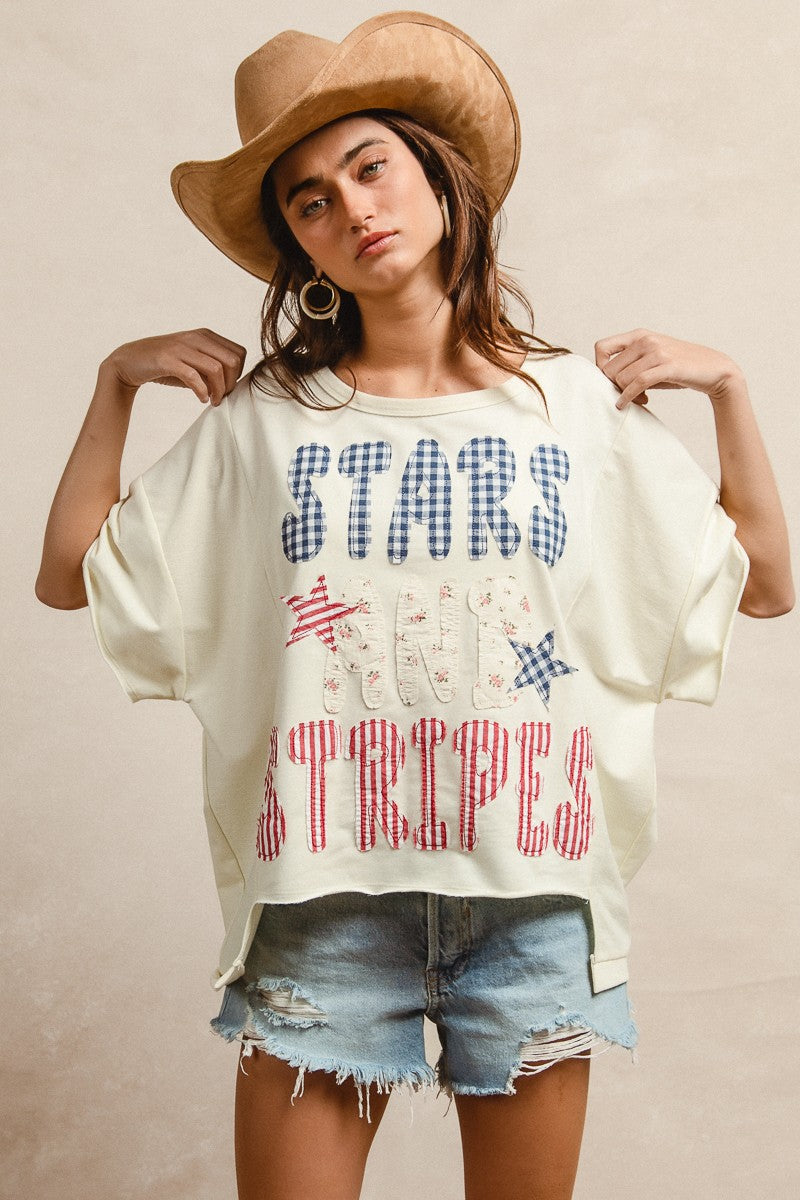 Cream Bibi Mix And Match Stars And Stripes Patchwork Short Sleeve T Shirt