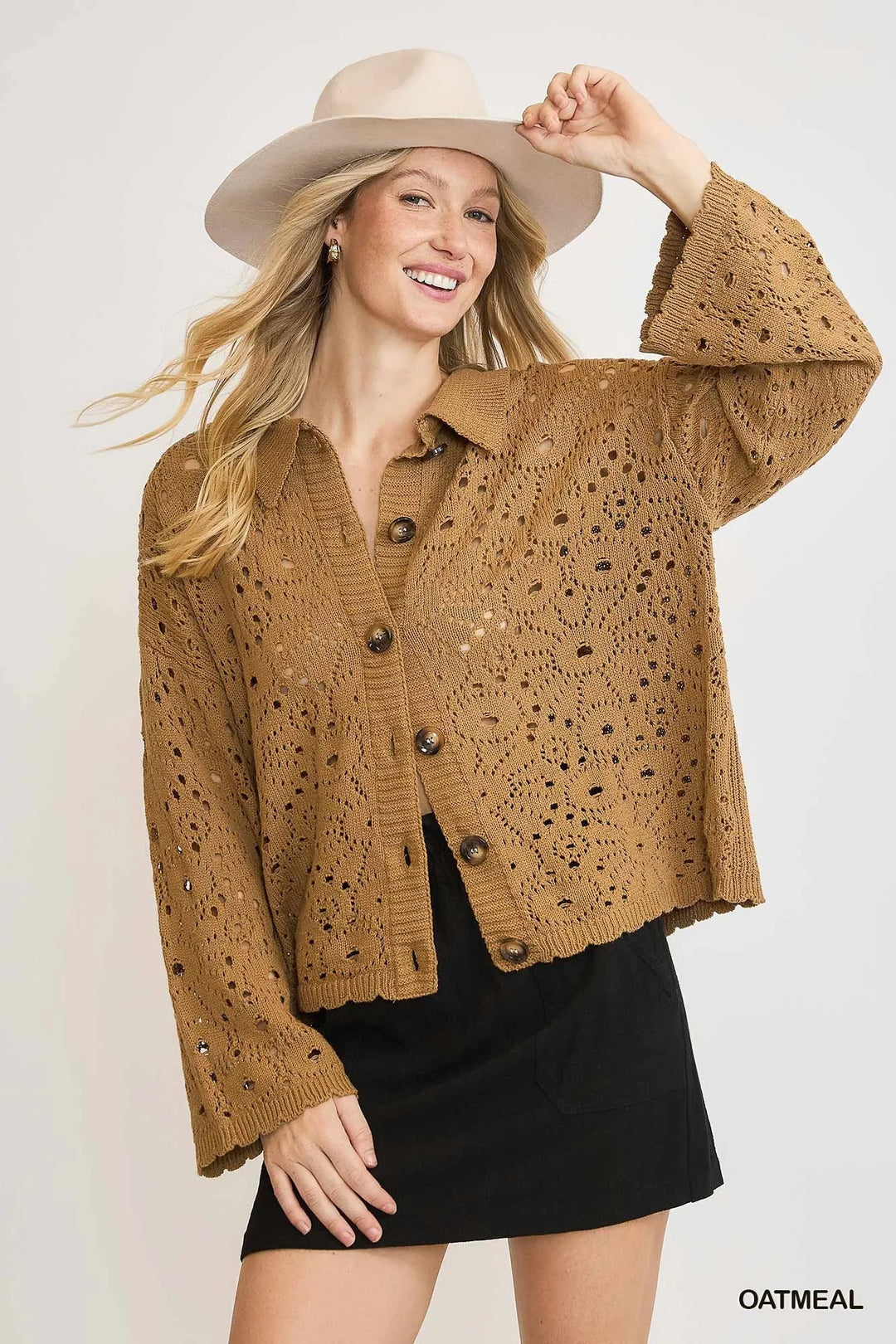 Oatmeal Umgee Crochet Button Down Knit Cardigan