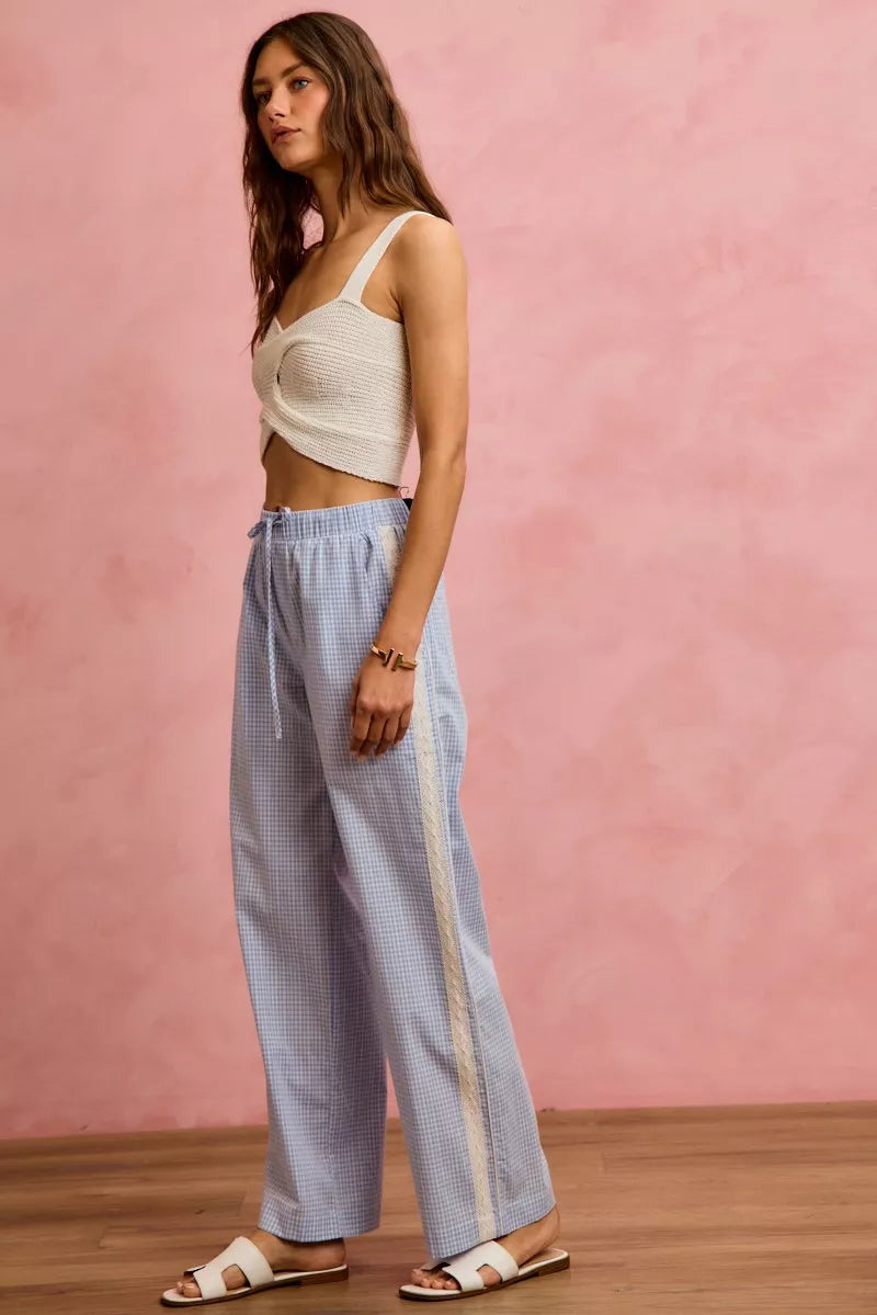 So Me Wide Check Pants With Side Lace Trim And Piping