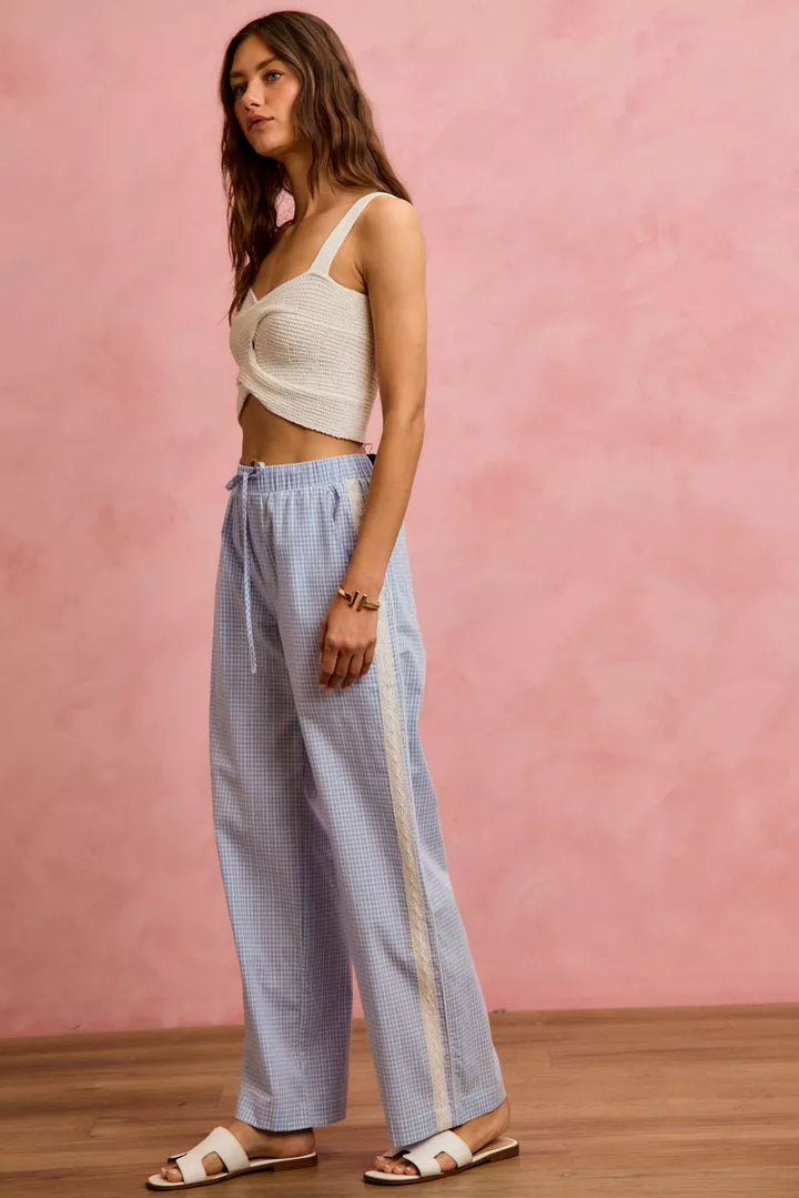So Me Wide Check Pants With Side Lace Trim And Piping