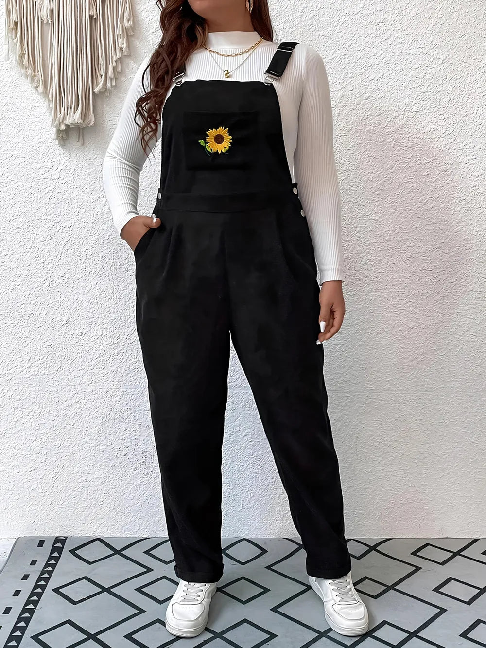 Black Embroidered Sunflower Wide Strap Overalls With Pockets