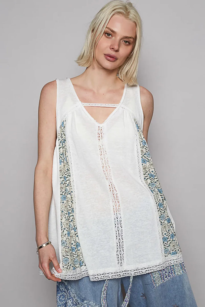 Offwhite Pol V Neck Sleeveless Tank Top With Lace Detail